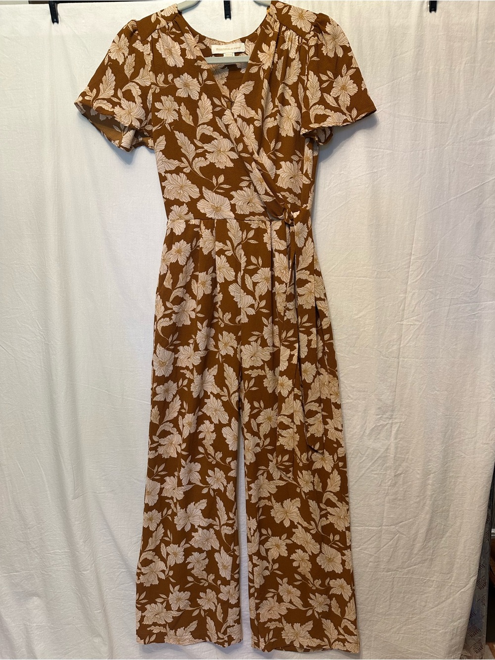 Monteau Los Angeles Floral Wrap Wide Leg Jumpsuit Small Brown Boho